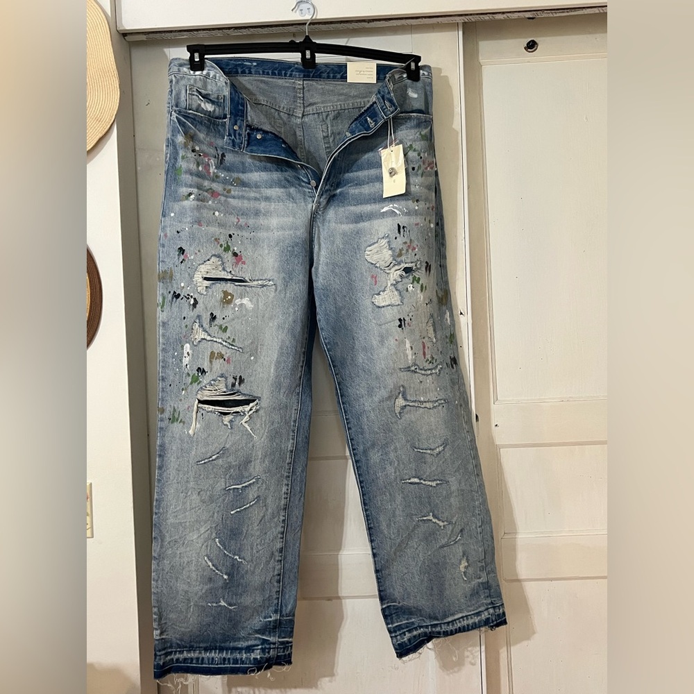NWT MNML DISTRESSED PAINT SPATTERED BUTTON FLY 5PKT JEAN RAW HEM STREETWEAR sz40